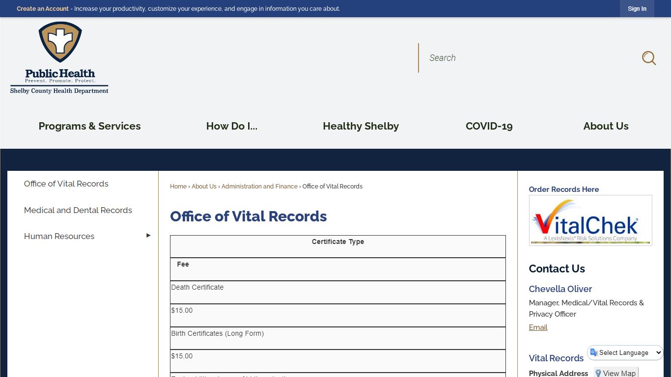 Office of Vital Records | Shelby County Health Dept., TN