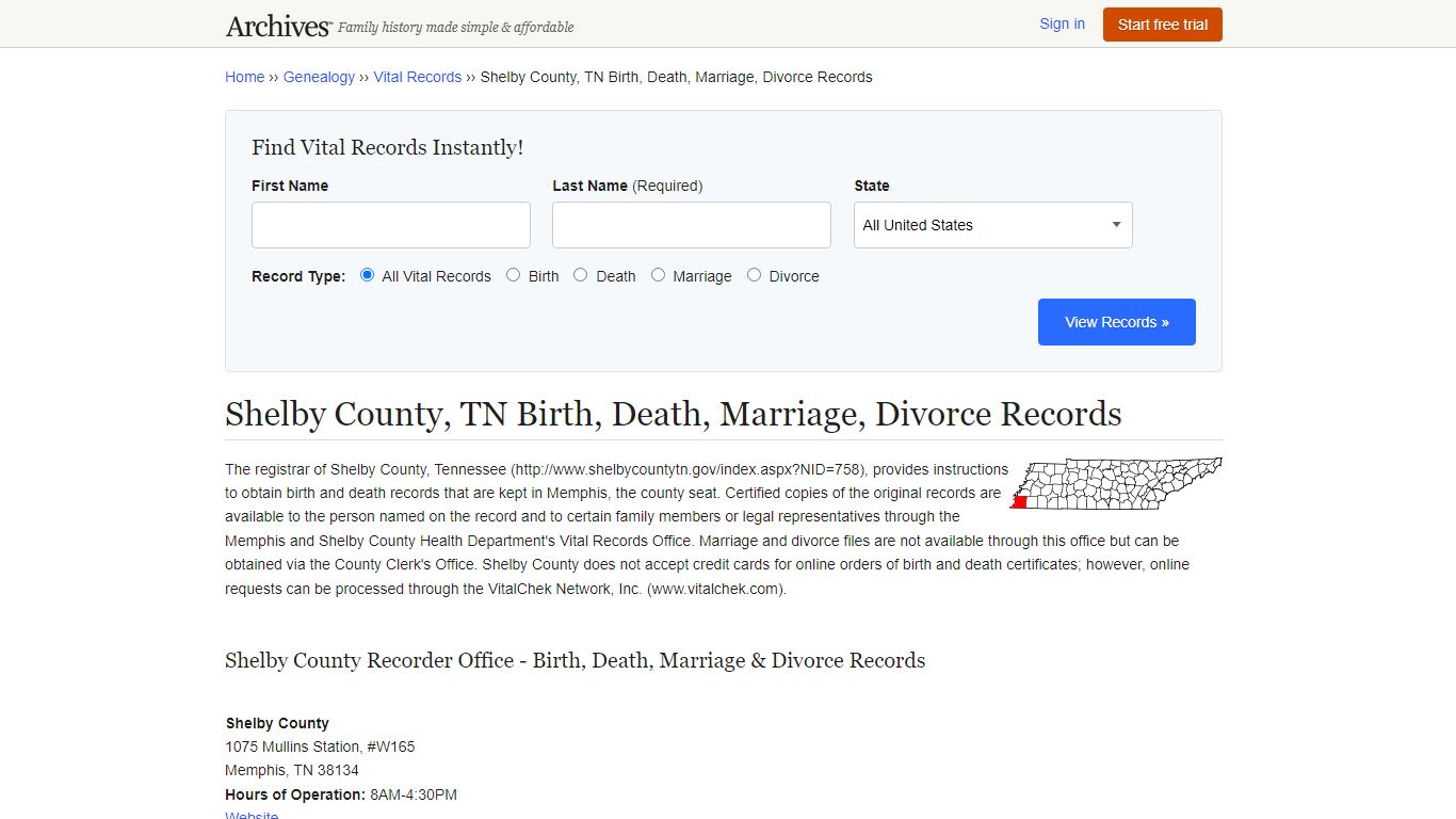 Shelby County, TN Birth, Death, Marriage, Divorce Records - Archives.com